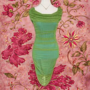 Bebe Vintage Blue/ Kiwi Scuba Fitted Dress Rouched Off The Shoulder Size S NWT